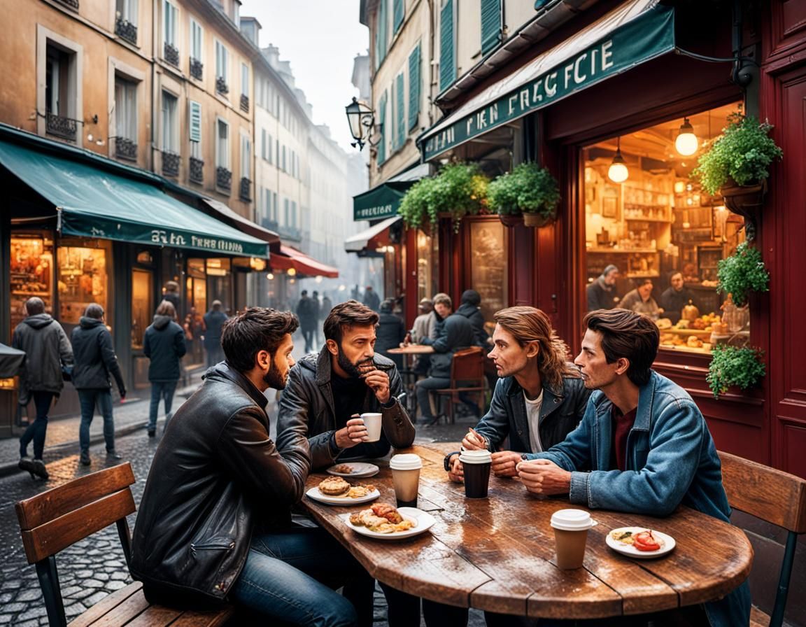 French Cafe Scene in Lyon, Hyperrealistic Style
