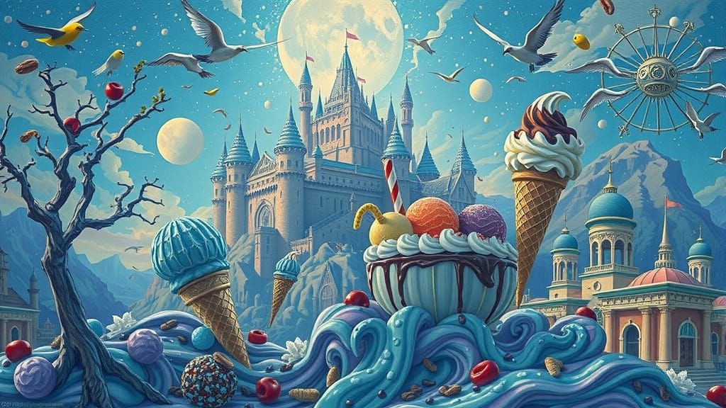 Ice Cream Sundae Fortress in a Pastel Valley