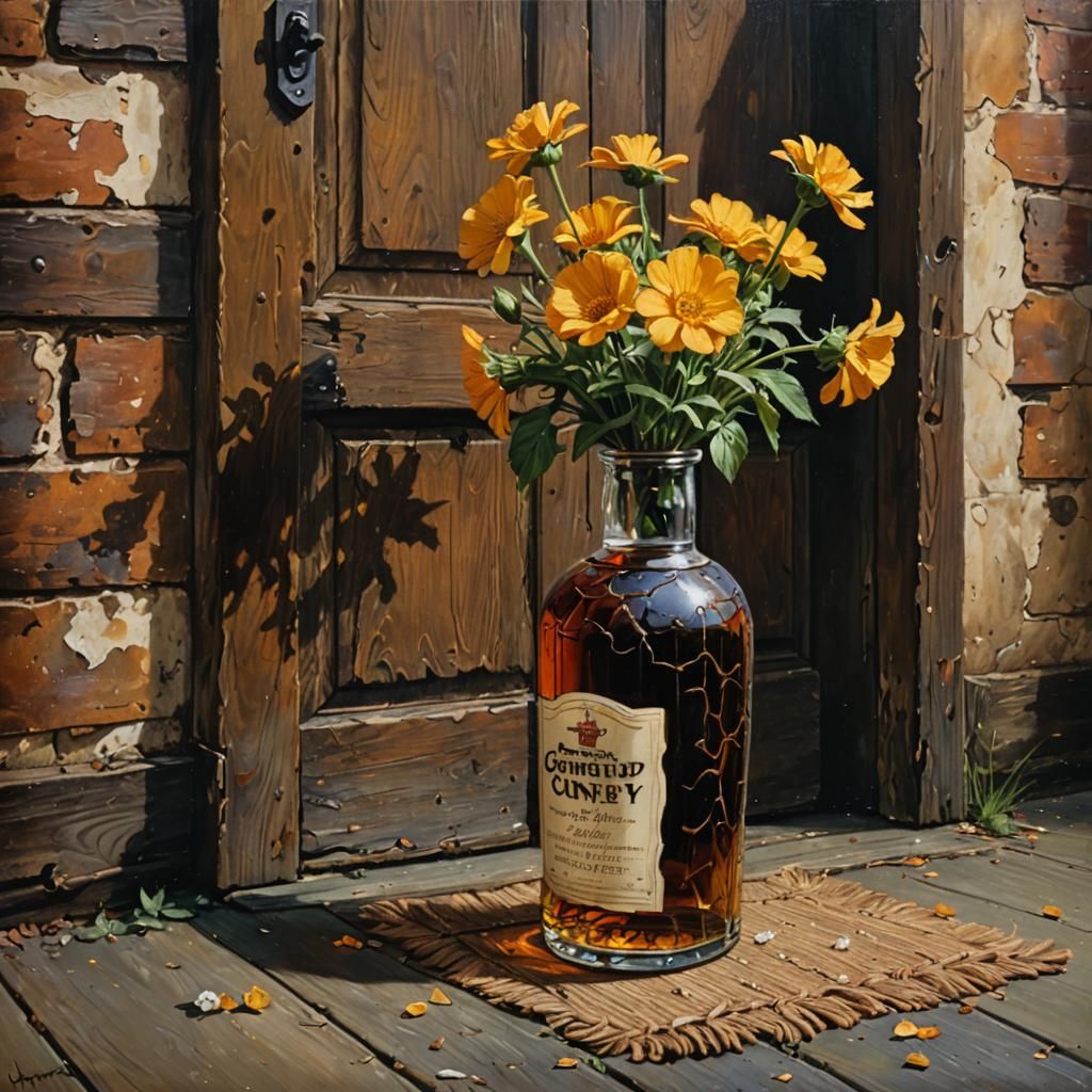 Whiskey Bottle with Flowers, Oil Painting
