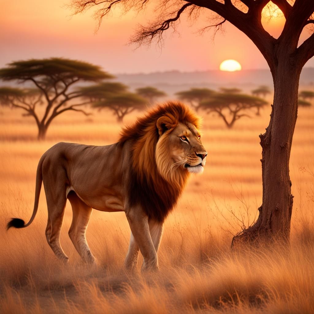 Majestic Lion and Acacia Tree at Sunset
