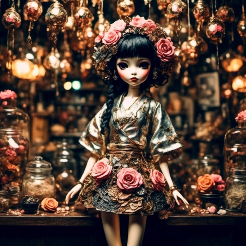 Harajuku Doll in Sushi Bar: Photorealistic Vignette