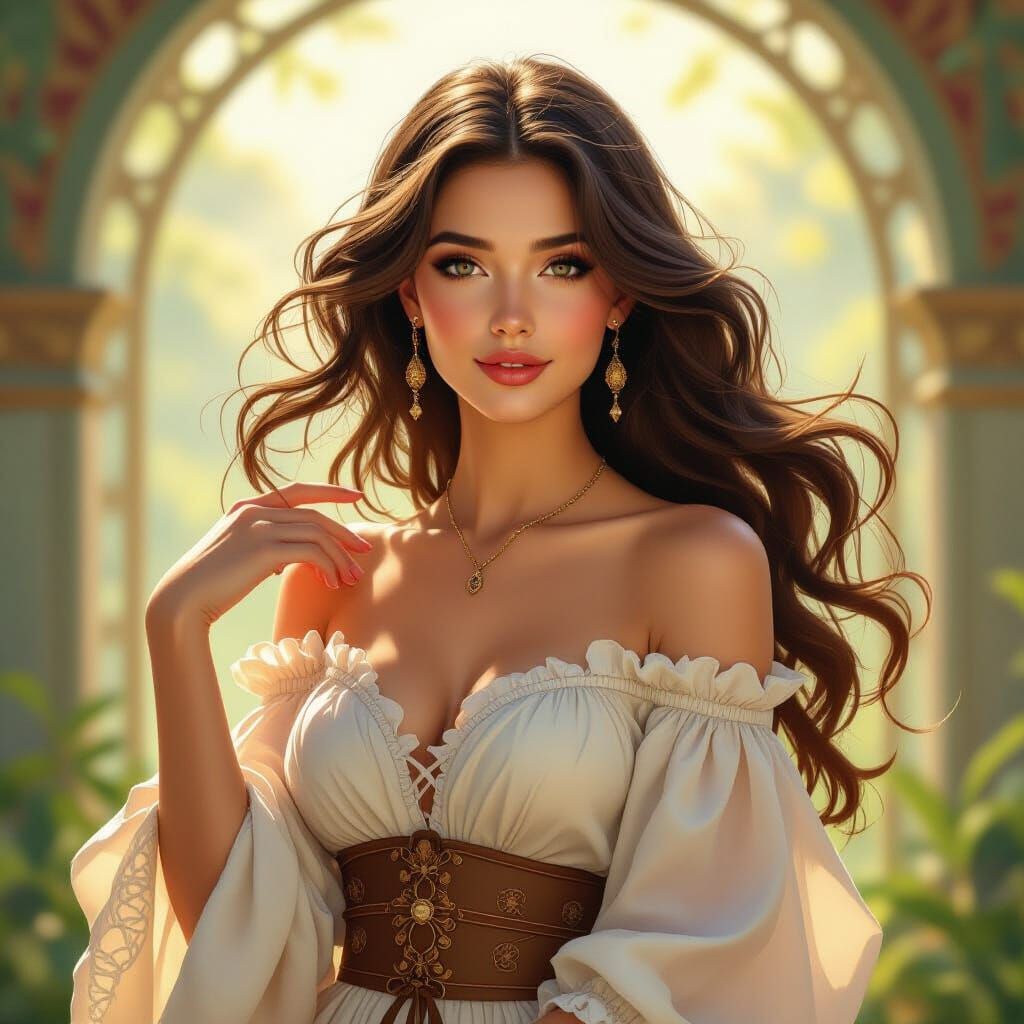 Elegant Woman in Sunlit Scene, Art Nouveau Style