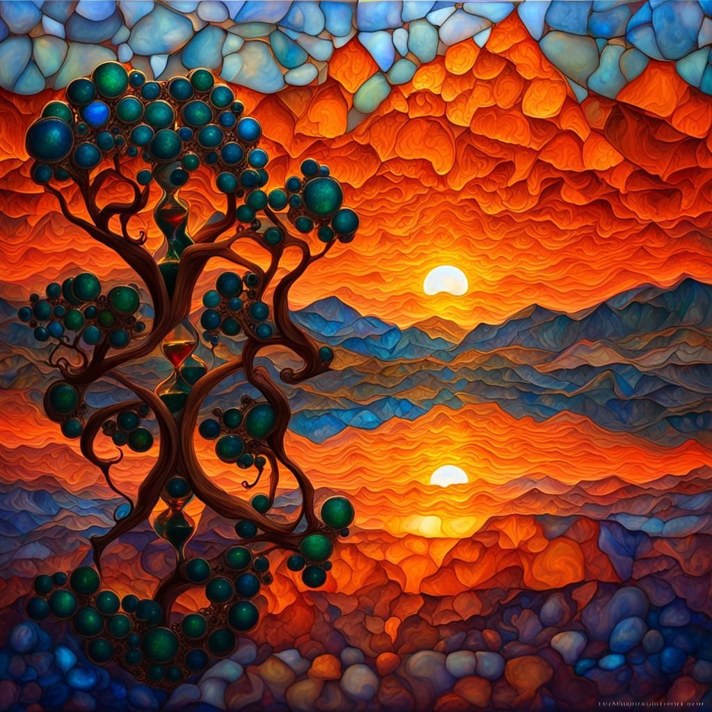 Opal Fire Hourglass with Gargoyles in Moonlight