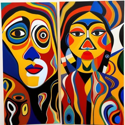 Abstract Faces in Blue: An Energetic Oil Painting