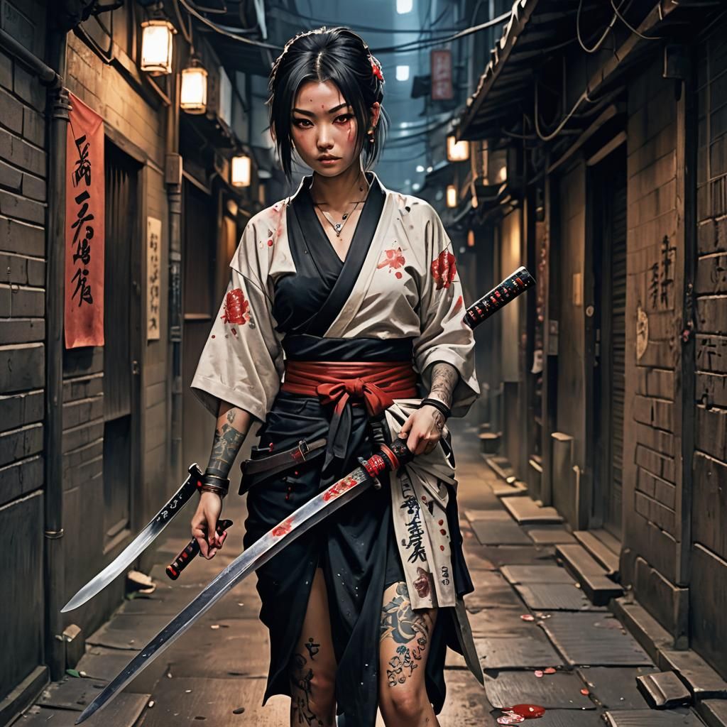 Yakuza Assassin with Katana in Watercolor Style