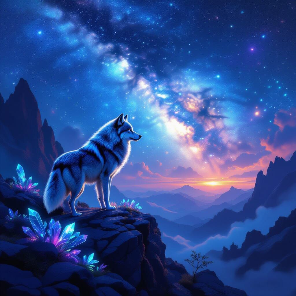 Bioluminescent Wolf Gazes at Cosmic Nebula Sky