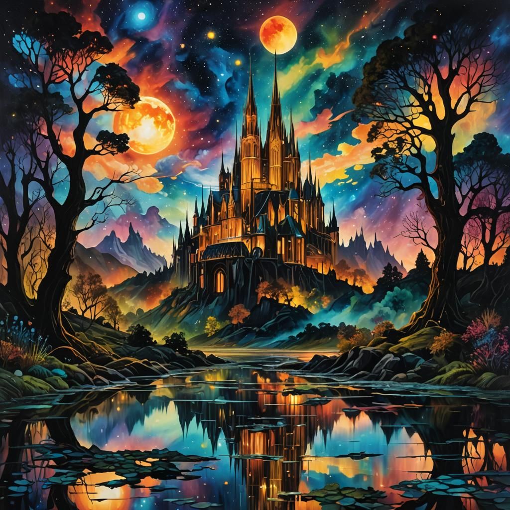 Gothic Stained Glass Window in a Mystical Forest