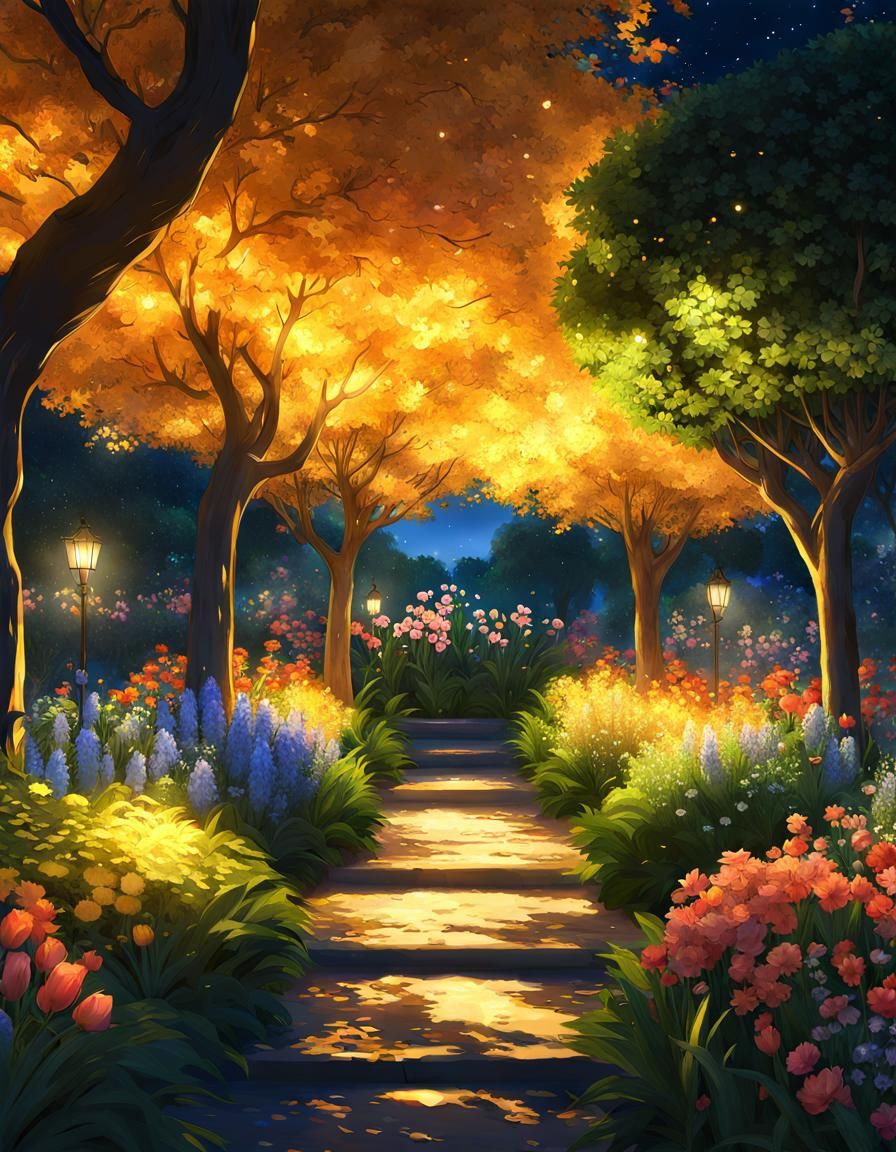 Gold Marble Midnight Garden in Impressionistic Anime Style