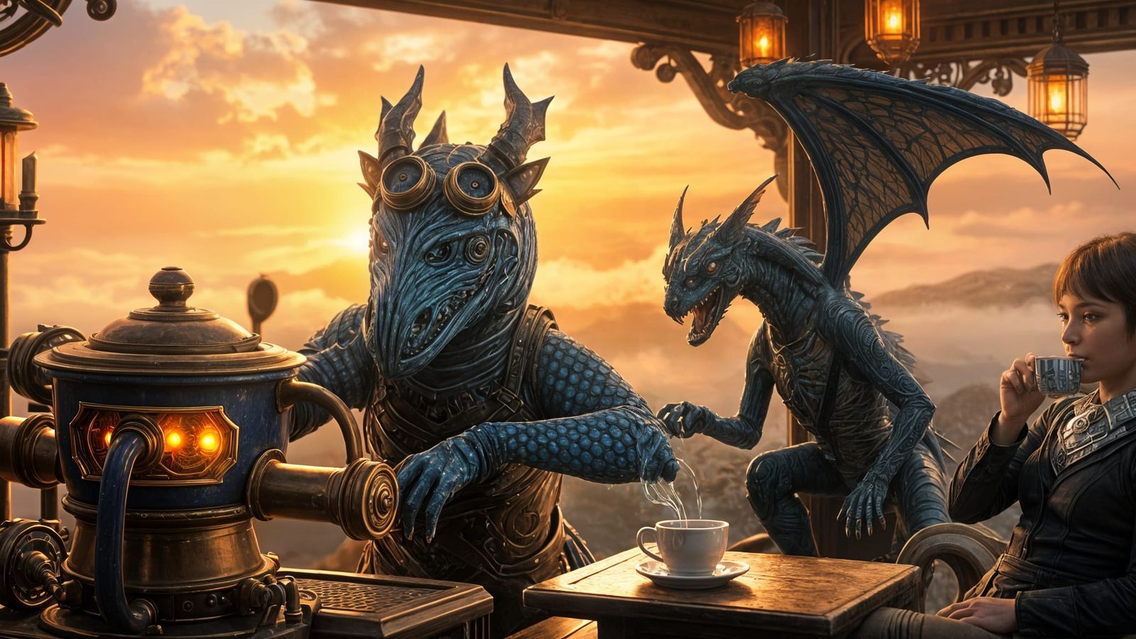 Steampunk Bistro Scene with Regal Dragons