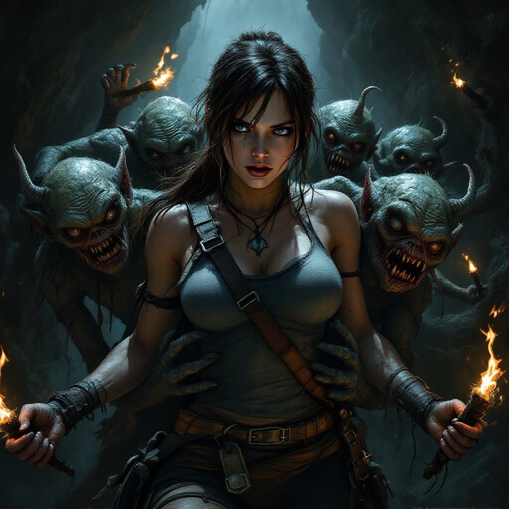 Tortured Lara Croft Held Captive by Grotesque Goblins in Dar...