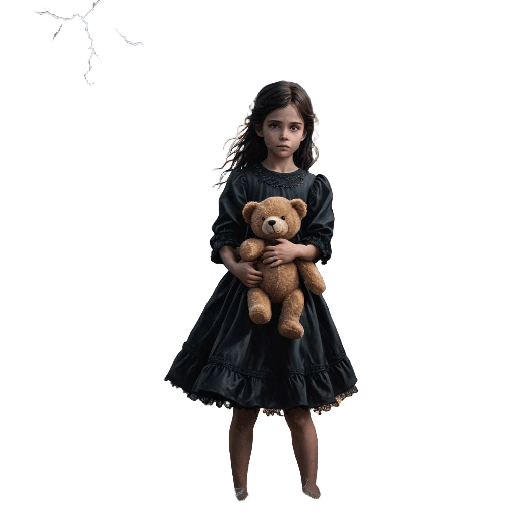 Girl with Teddy Bear on Stormy Night, Detailed Matte Paintin...