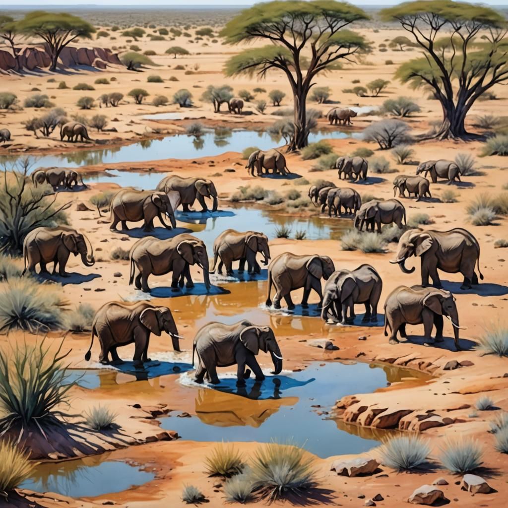 Kalahari Watering Hole in Gouache and Watercolor