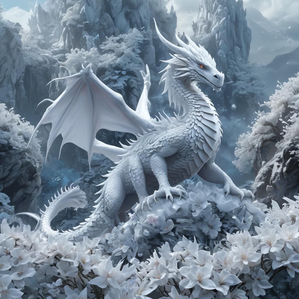 White Dragon on Crystal Mountain: Digital Art