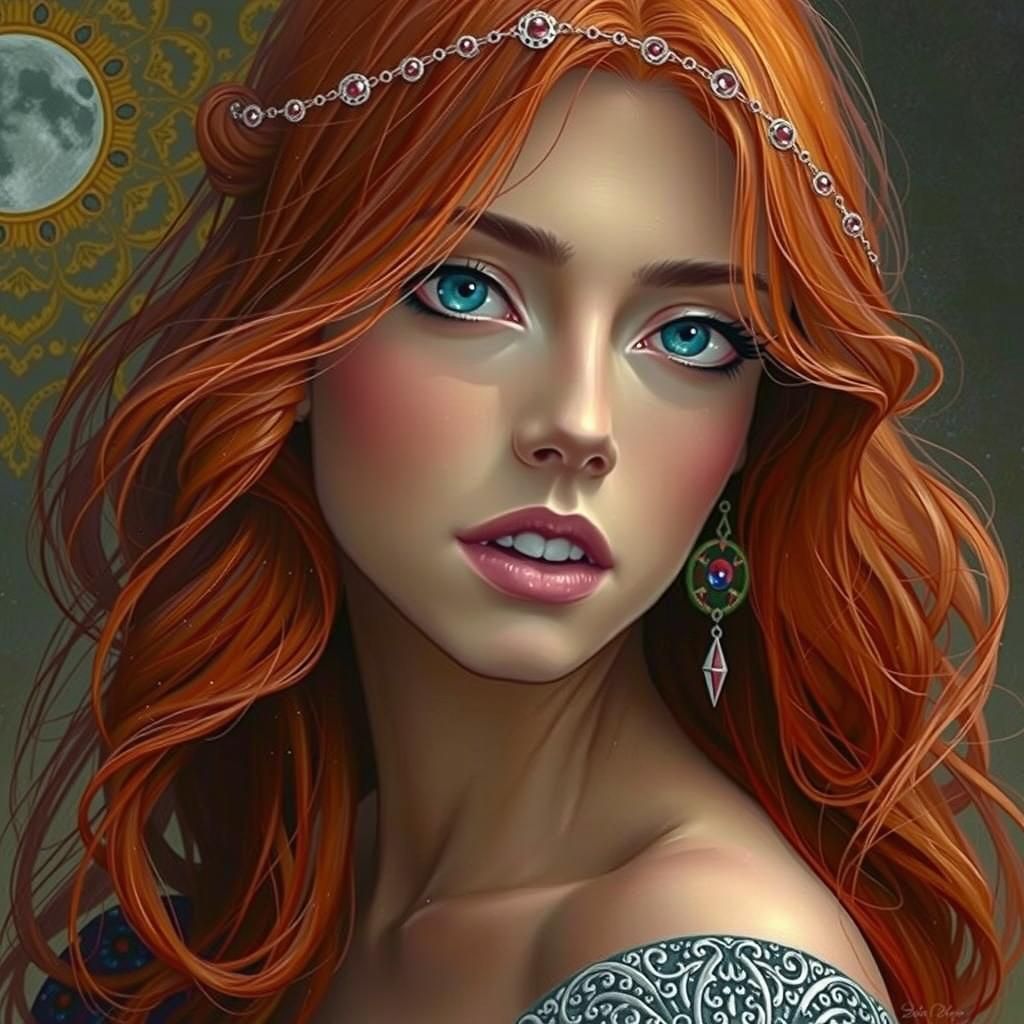 Medieval Sorceress with Red Hair in Symbolist Style