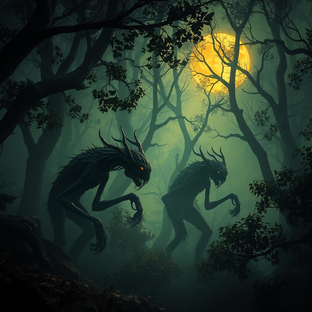 Eerie Dark Fantasy Creatures Hide in Misty Forest