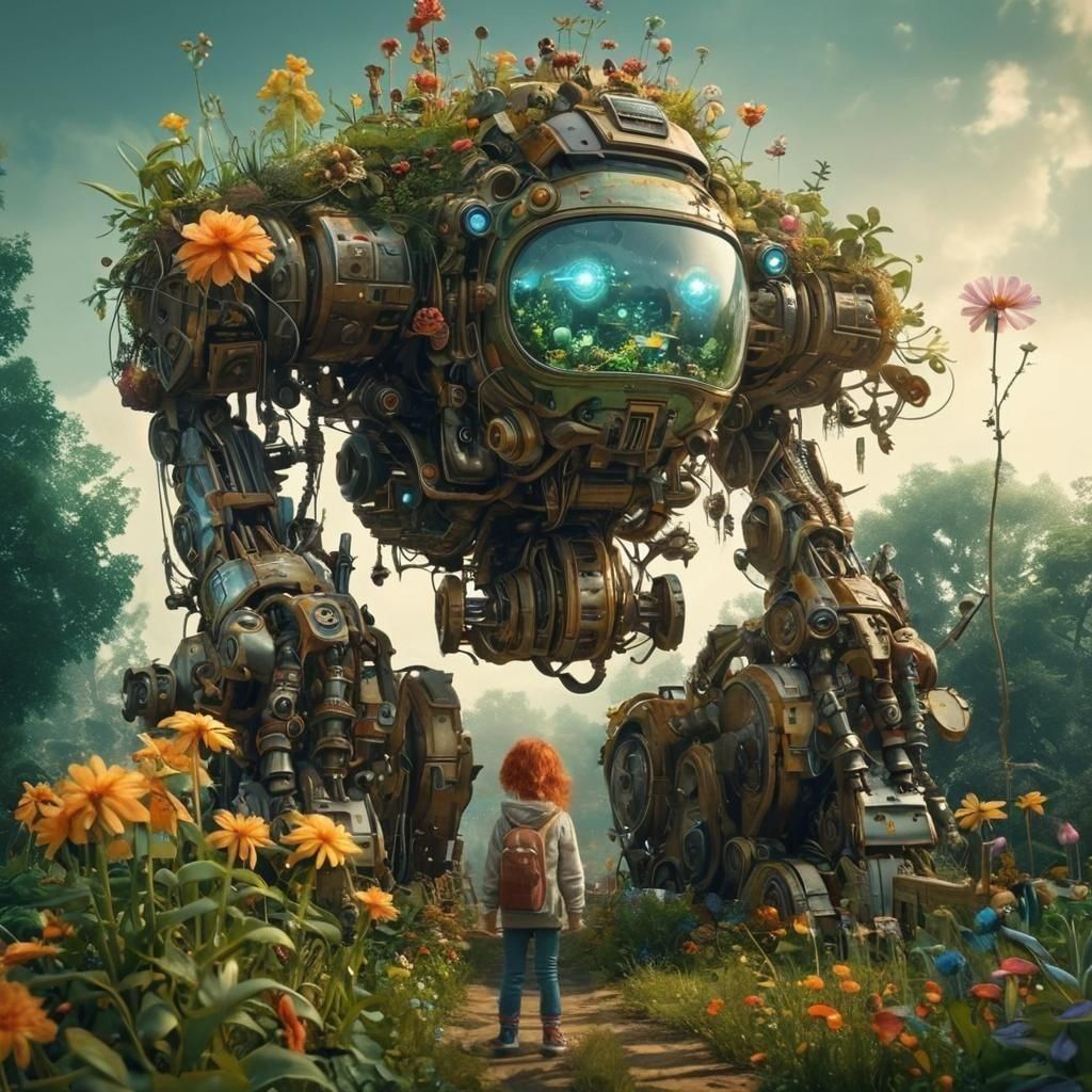 Robot and Girl Double Exposure Watercolor Illustration