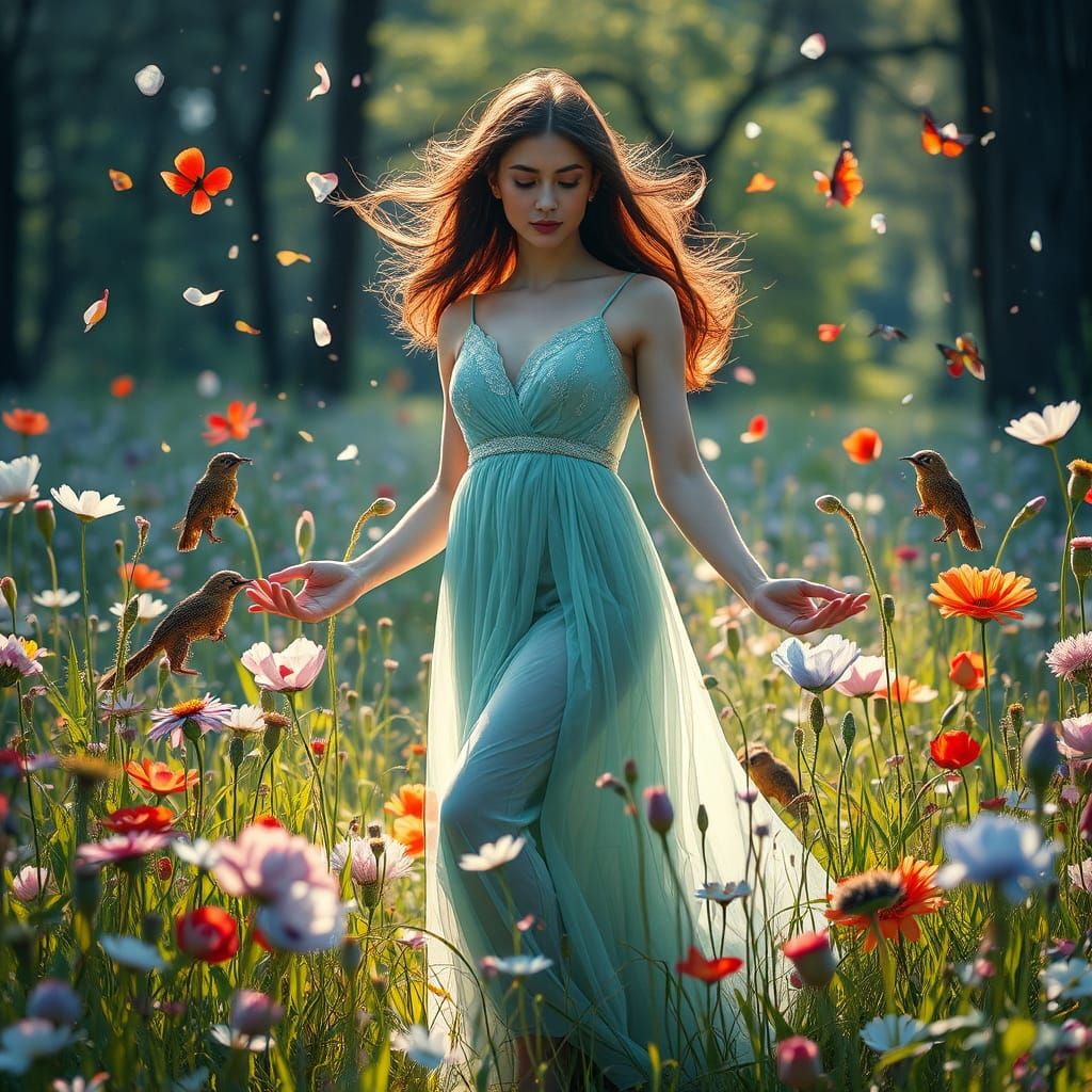 Ethereal Goddess of Resilience in Vibrant, Whirling Landscap...
