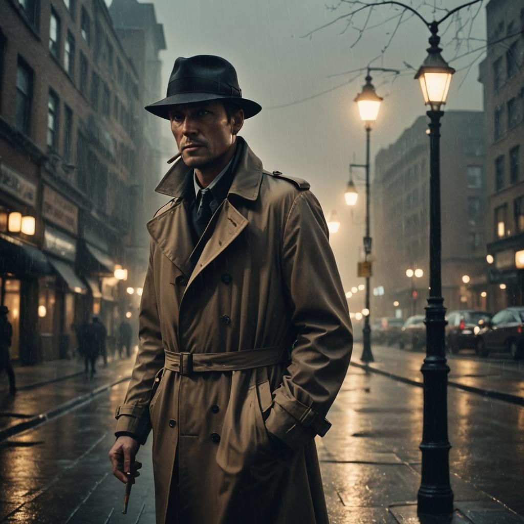 Prompt: A private detective in a trench coat and fedora, sta...