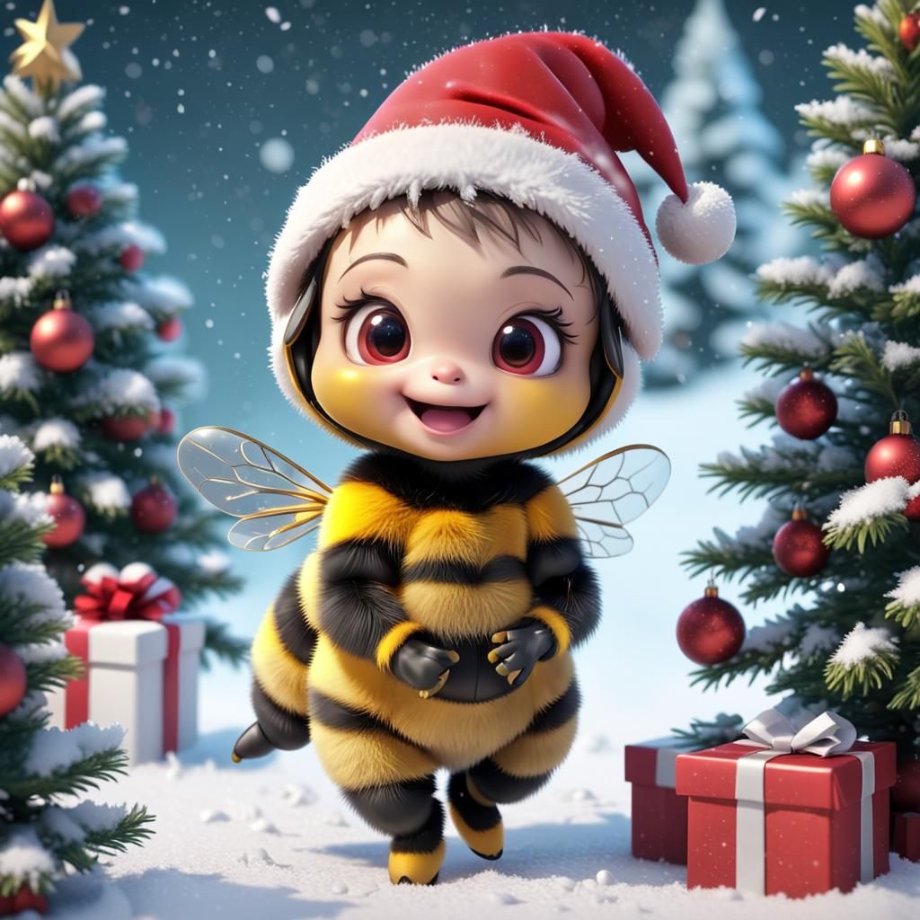 Cute Chibi Bee in Santa Hat Around Christmas Tree