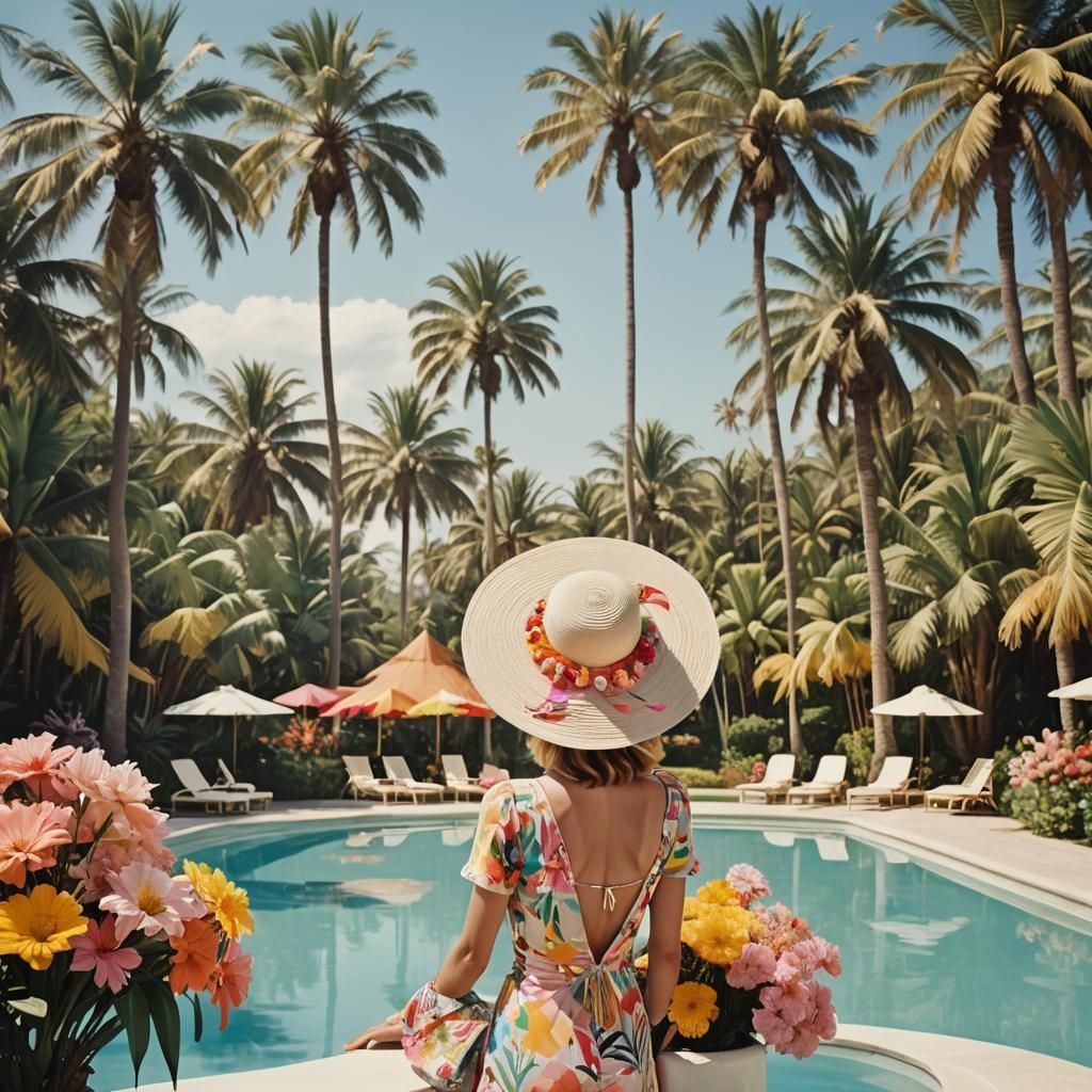 Woman by Pool with Palm Trees in Slim Aarons Style