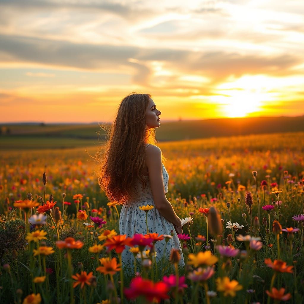 Serene Woman Amidst Whimsical Wildflowers and Sunset