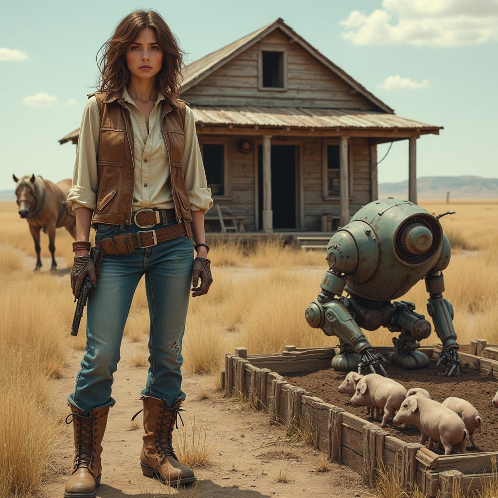 Woman in Badlands Cabin with Cybernetic Horse and Robot Farm...