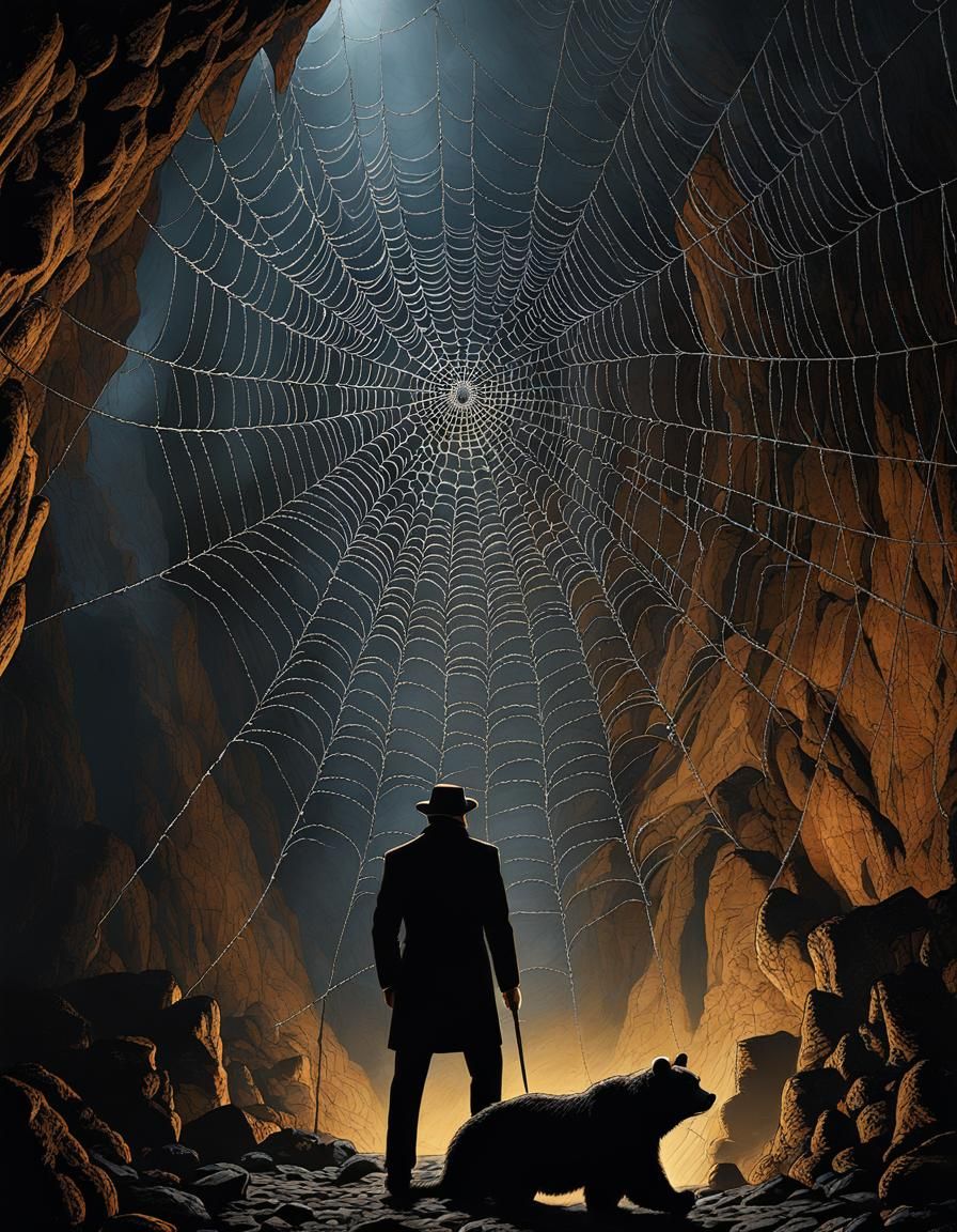 Film Noir Spiderweb in Cave with Hibernating Bear