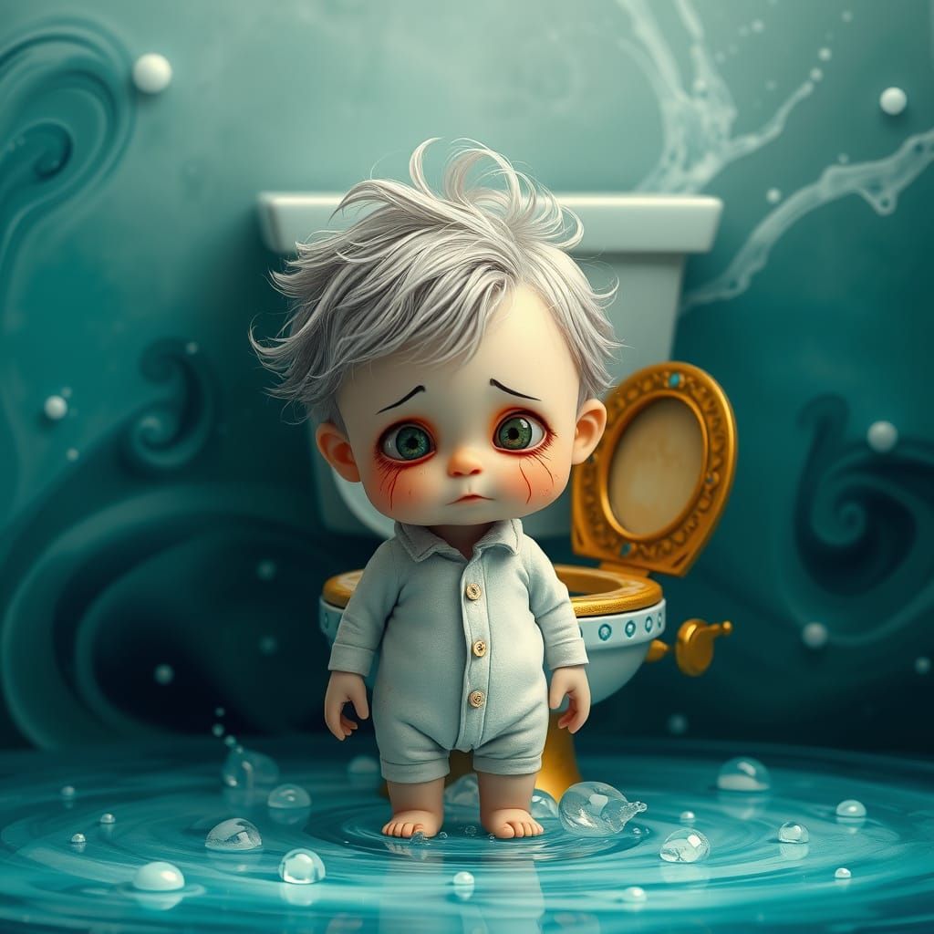 Whimsical Child Stands Before a Golden Toilet in a Turquoise...