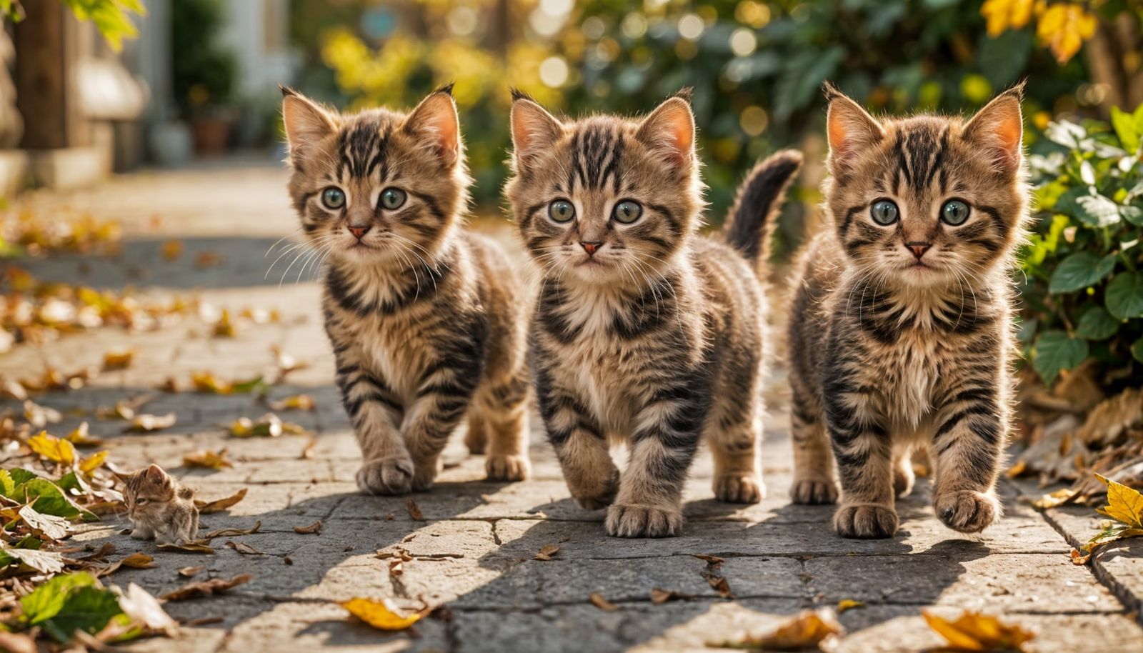 Three Kittens Running on Sidewalk, Photo-Realistic