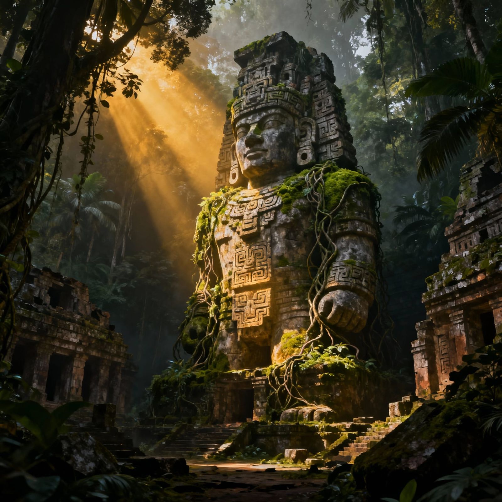 Ancient Mayan Statue in Jungle Temple, Dark Fantasy Style