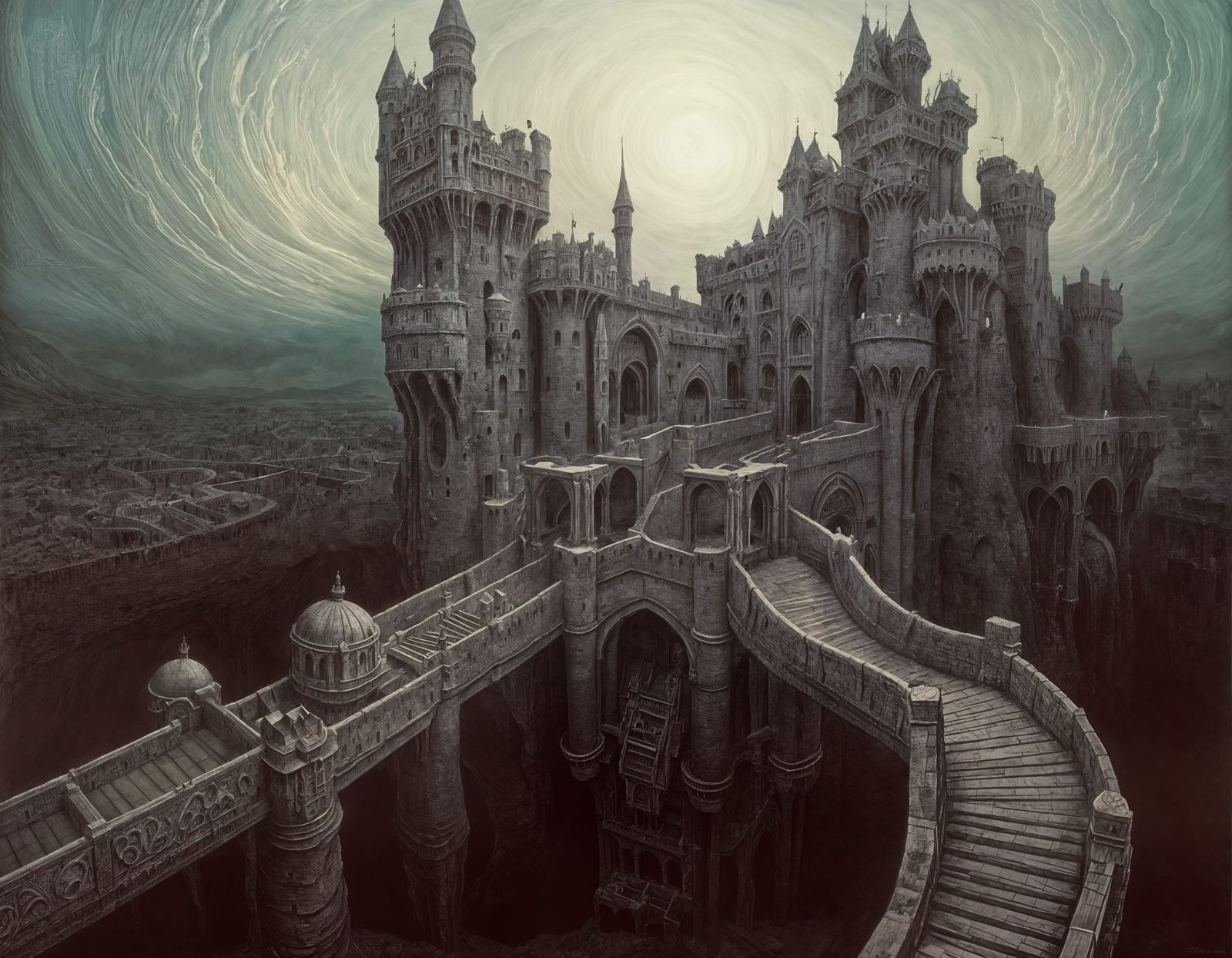 Surreal Castle with Drawbridges in Dark Dreamscape Style