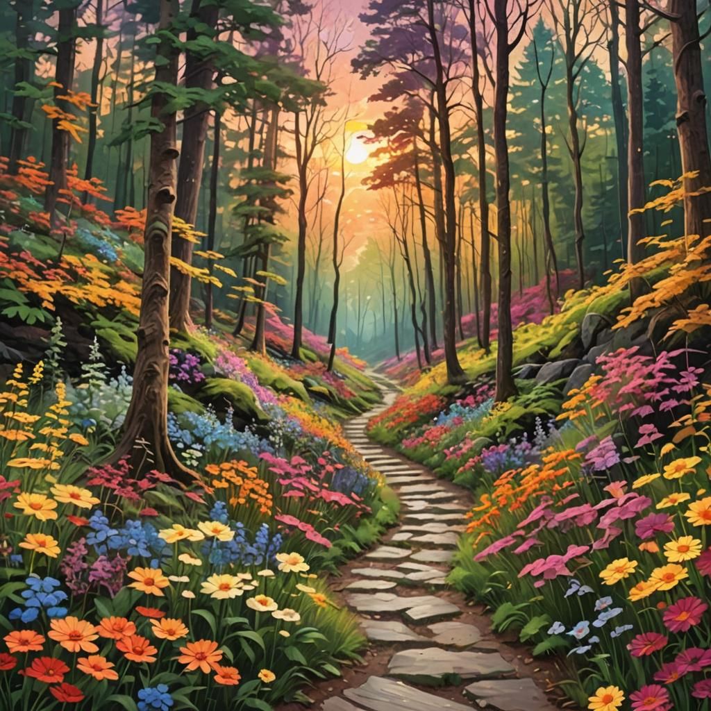 Sunset Path Through a Colorful Flower Forest