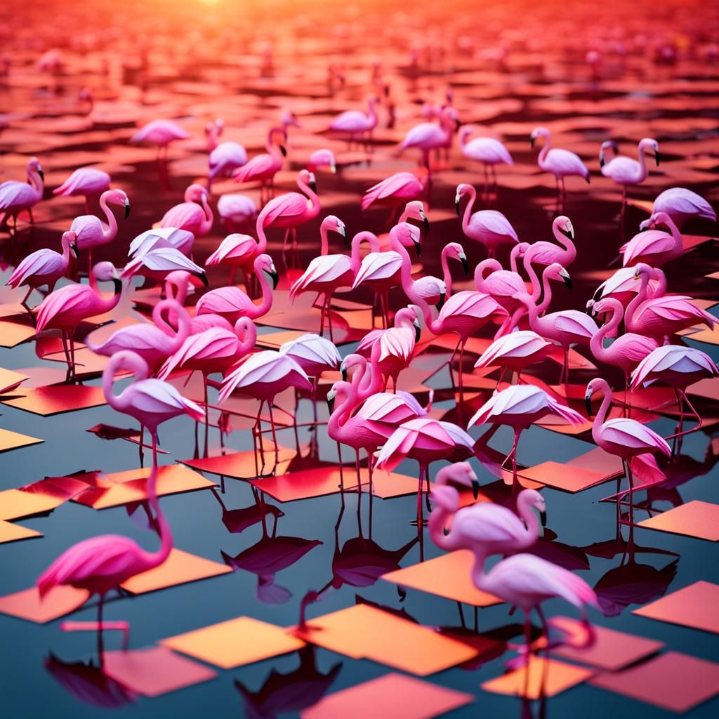 Iridescent Flamingos in Lake at Sunset: Origami Style