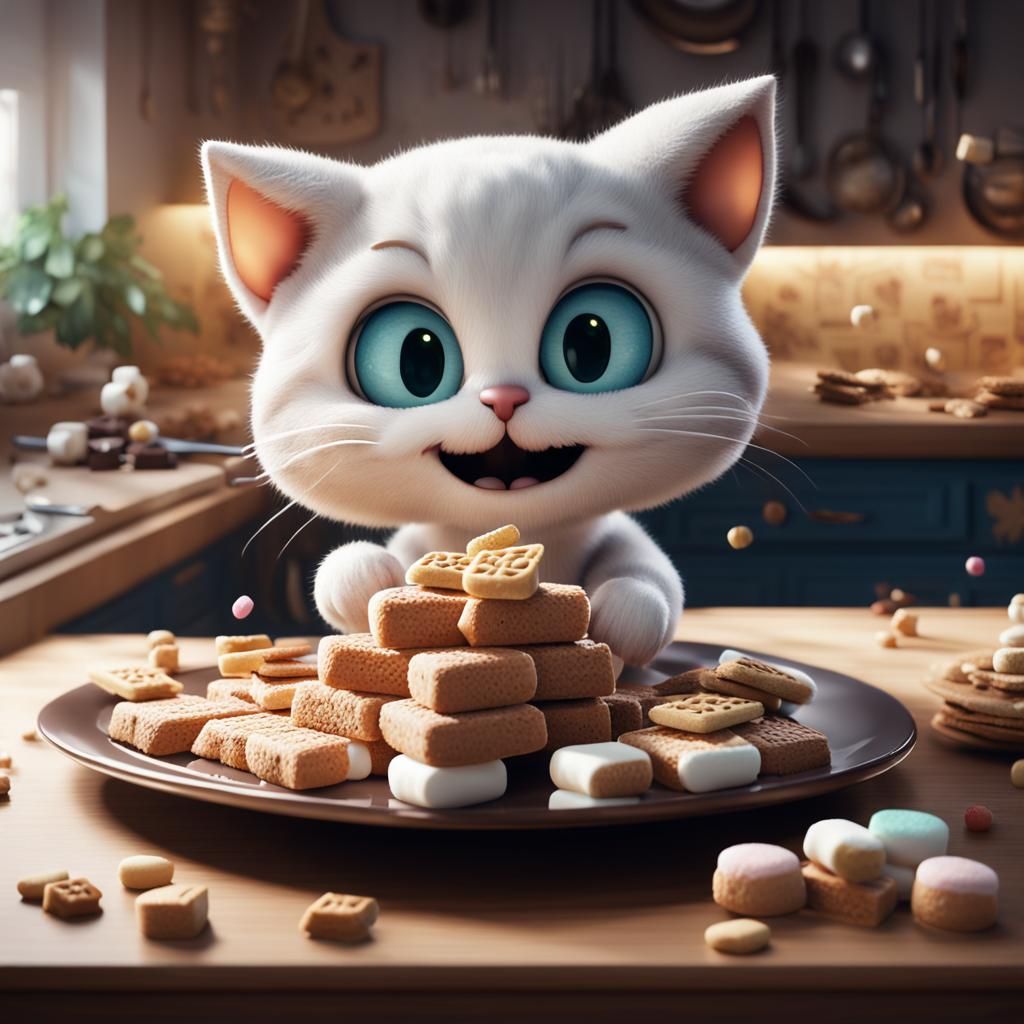 Marshmallow Cat on Kitchen Counter, Digital Art