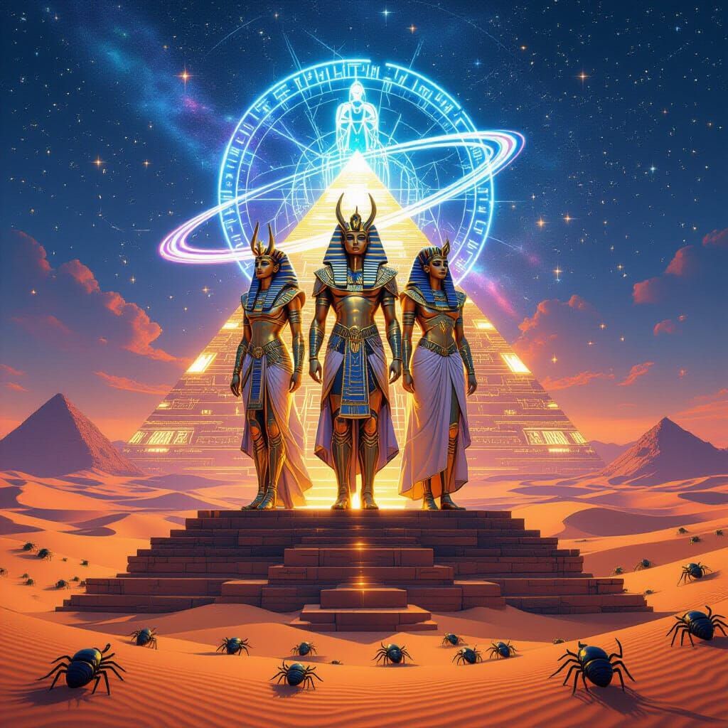 Egyptian Deities on Neon Pyramid in Hyperrealistic Style