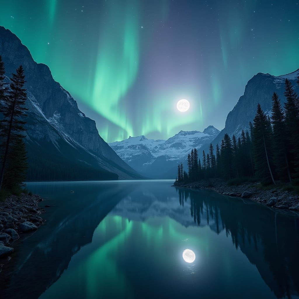 Aurora Meteor Shower Over Glacier Lake