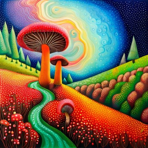 Trippy Mushroom Garden in Mixed Media