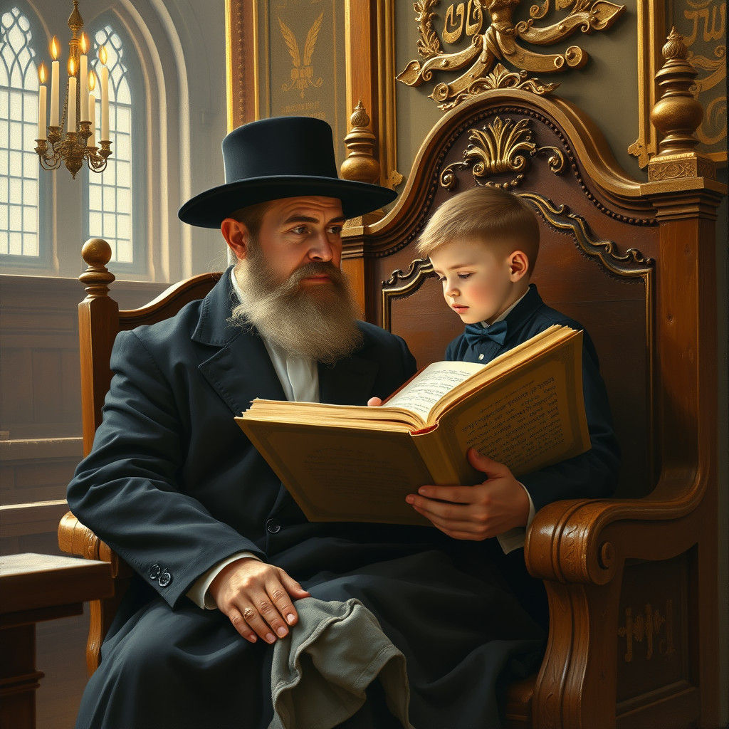 Hasidic Father and Son Studying Torah