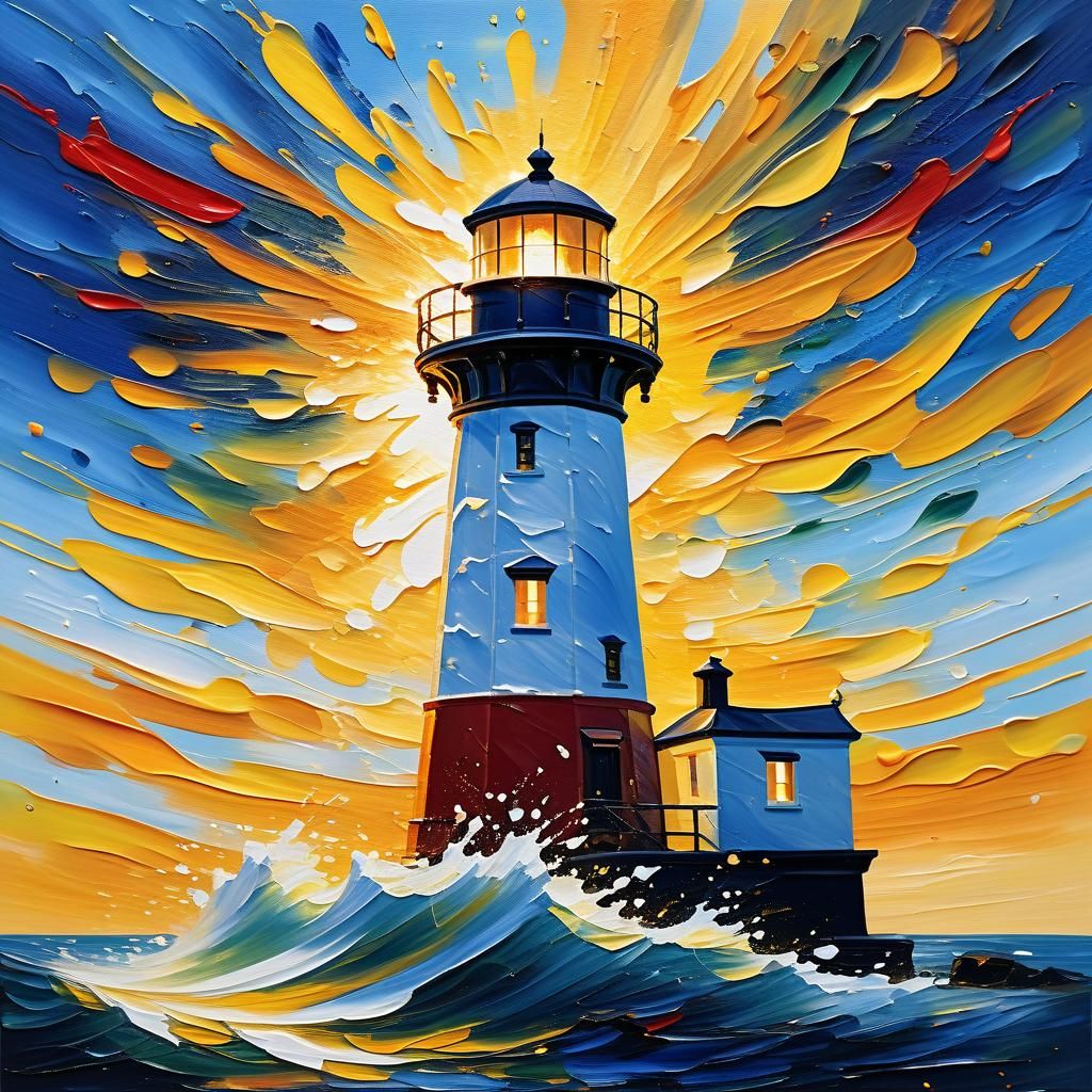 Lighthouse Painting in Neo-Impressionist Style