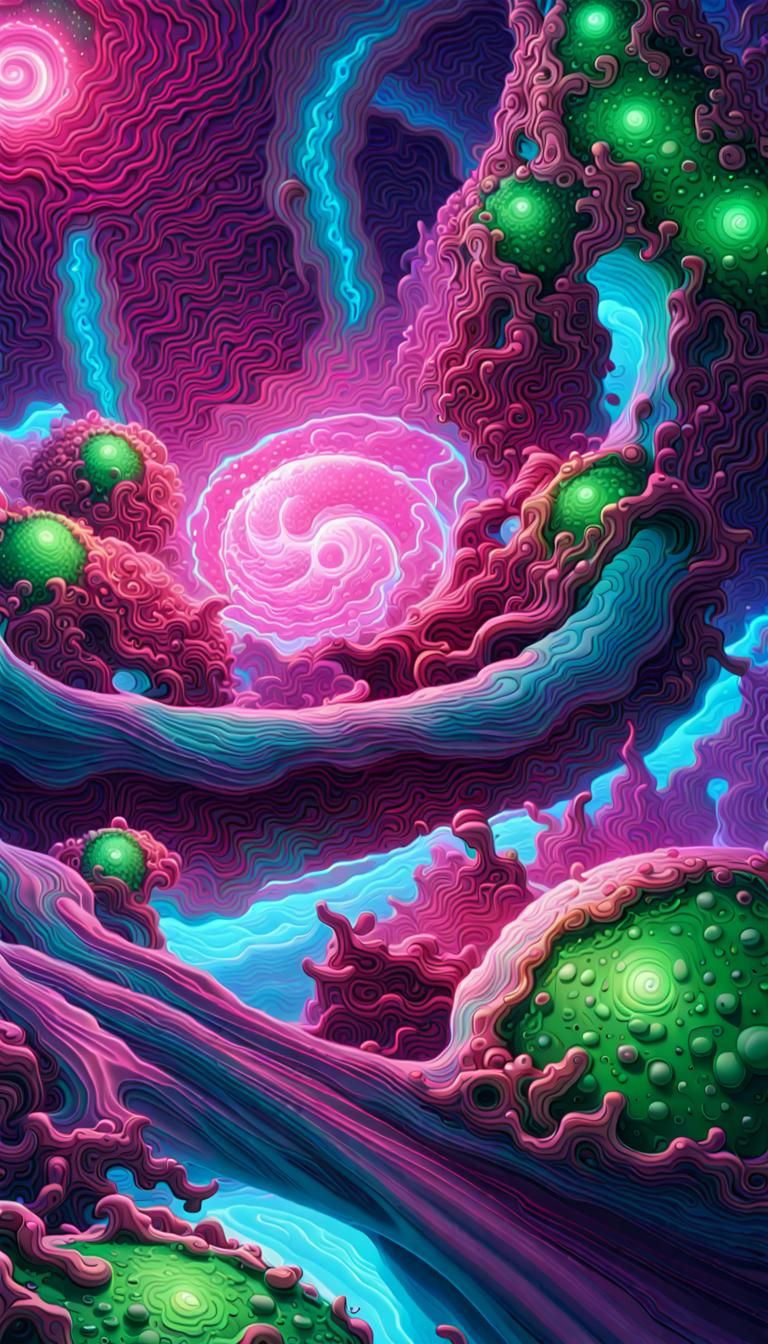 Prebiotic Matter Transforming in Neon Fractal Landscape