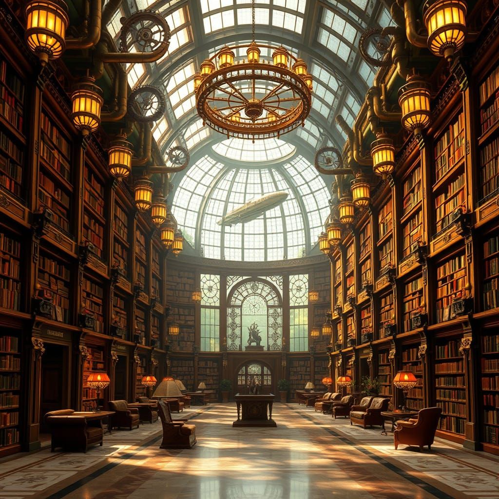 Ethereal Steampunk Library Amidst Verdant Vale