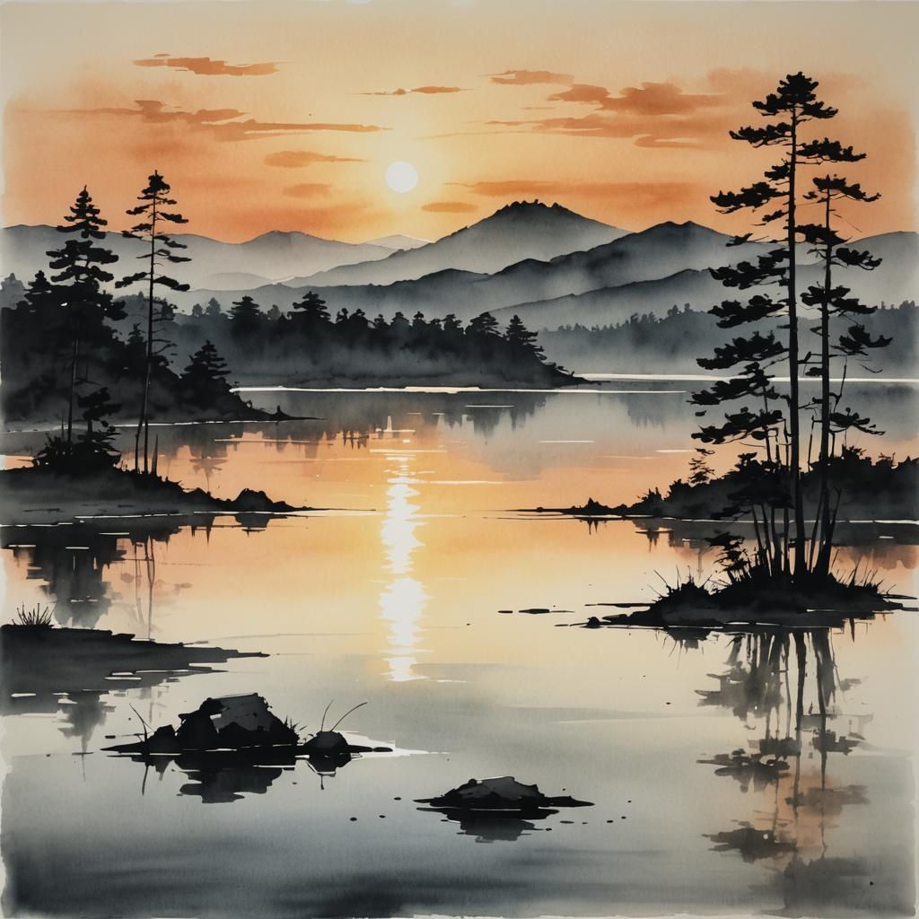 Sumi-e Ink Painting of Lake at Sunset