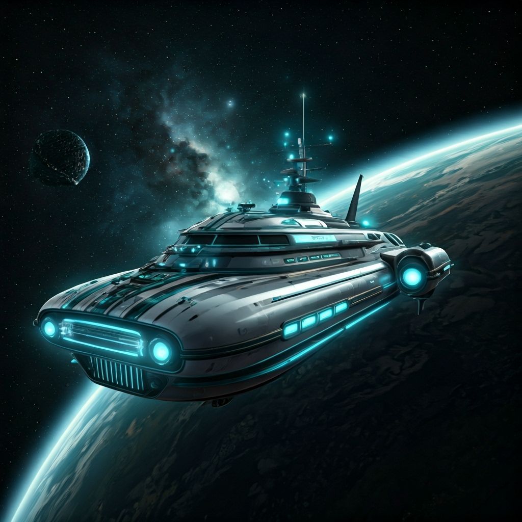 Luxury Spaceship Sails Past Futuristic Cityscape