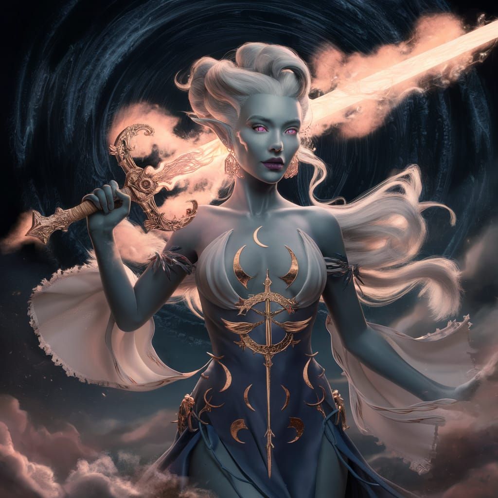 Drow Priestess with Cloud Sword: Hyperrealistic Fantasy Art