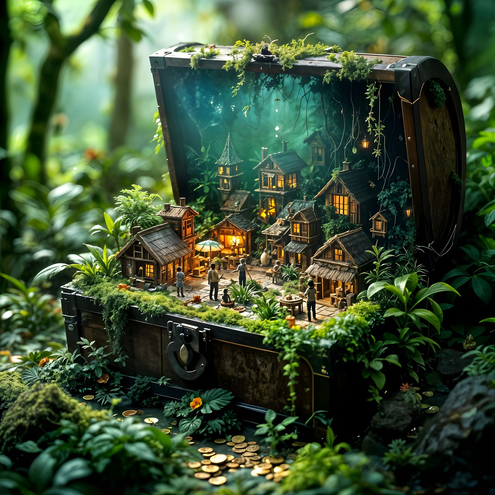 Miniature Jungle Village Inside Treasure Chest