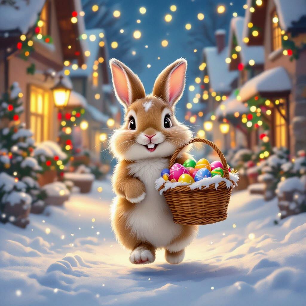 Joyful Rabbit with Easter Eggs in Snowy Christmas Street