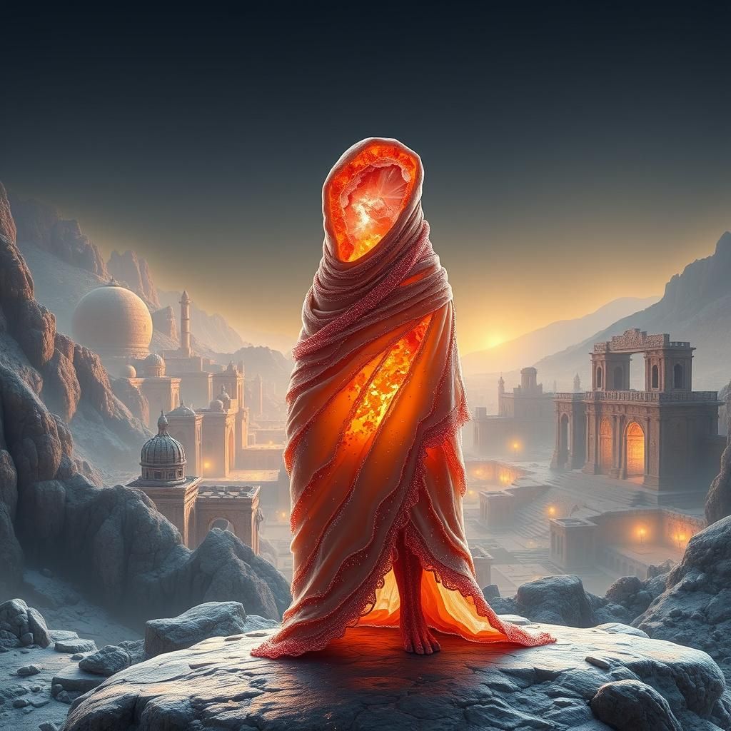 Fire Agate Speleothem in Fractal Cityscape