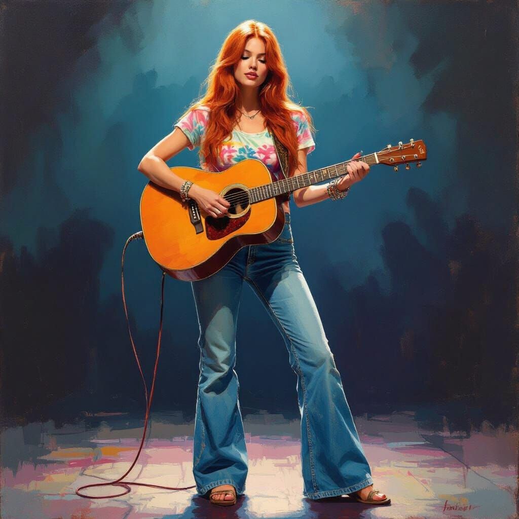 Woman with Guitar on Stage in Impressionistic Style