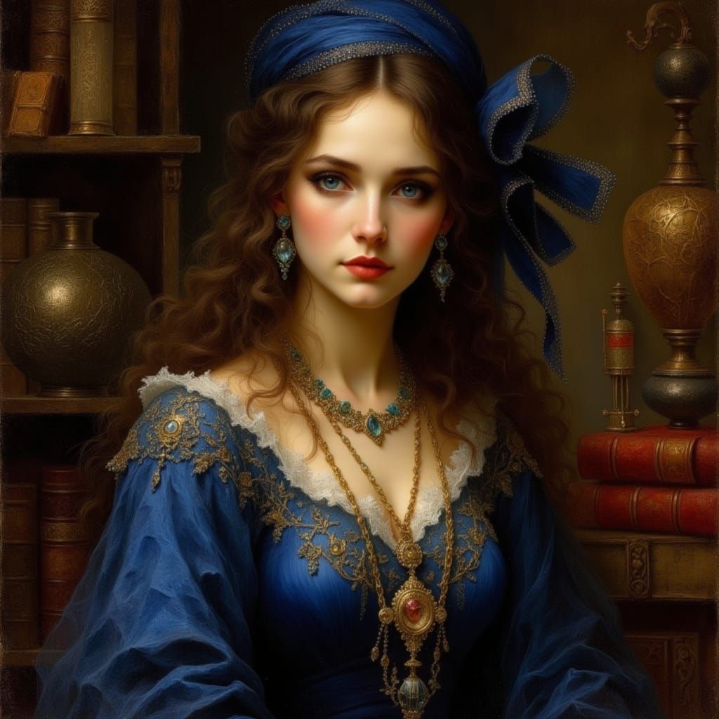 Renaissance Woman Portrait with Piercing Blue Eyes