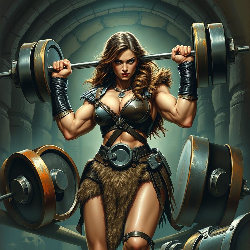 Muscular Barbarian Woman Training in Dungeon
